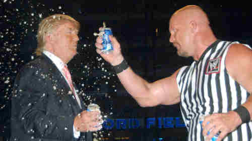 trump crushing a beer can with a pro wrestler
